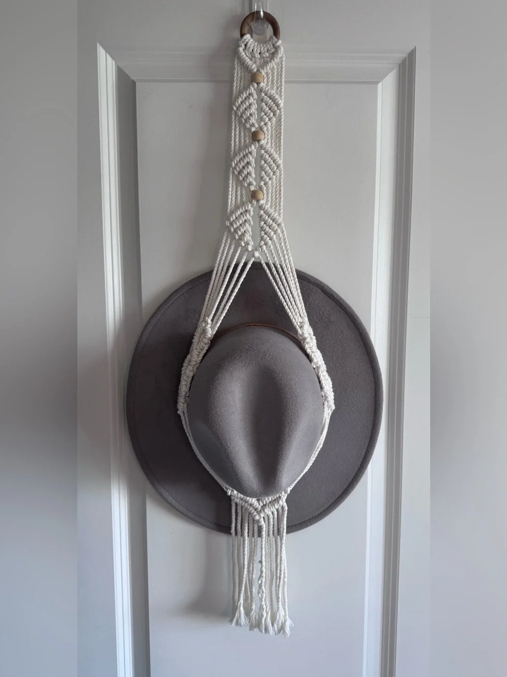 Wide Brim Felt Hat in Gray with ivory handmade macrame hat hanger